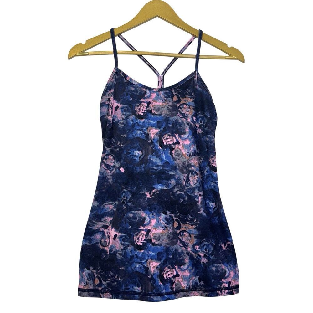 Lululemon Power Y Tank Top Cami Size 4 Blue Pink Abstract Artsy Gym Athleisure